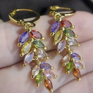14k Gold Plated Multi-Colored Leaf Diamond Earrings